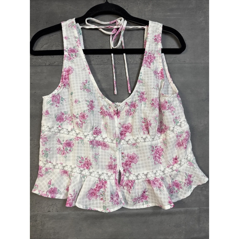 Altar'd State Penny floral tank top Pink & White Delicate Lace Trim Lg